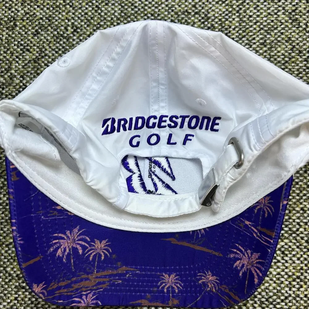 Bridgestone Golf White Hat Purple Tropical Palm‎ Tree Brim Snapback B Logo